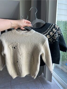Zara Cream Alpaca Motif & Black Nordic Knit Crewneck Sweaters (Pair)